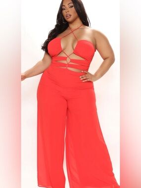 Fashion Nova Plus Size Red Strappy Wide Leg Jumpsuit 1X NWT
